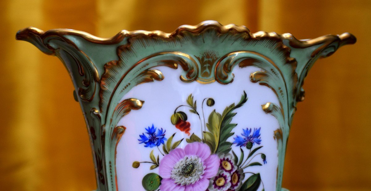 Limoges Porcelain Vase, Floral Decor, Two Bouquets Of Flowers, On A Celadon Background-photo-2
