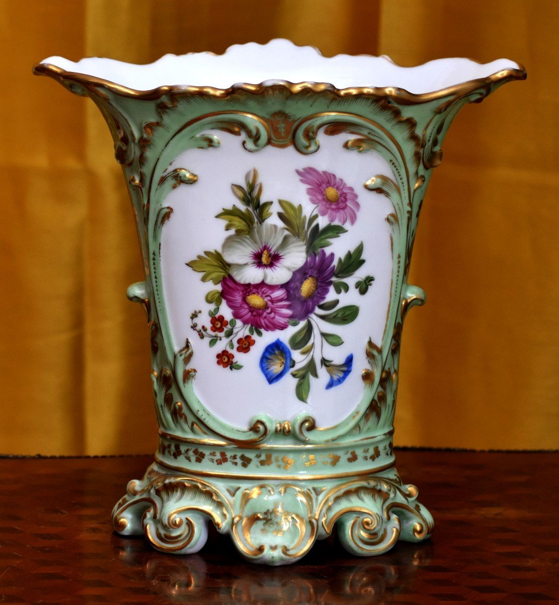 Limoges Porcelain Vase, Floral Decor, Two Bouquets Of Flowers, On A Celadon Background-photo-4