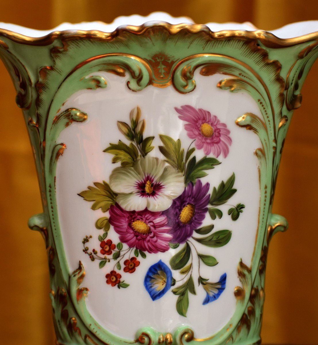 Limoges Porcelain Vase, Floral Decor, Two Bouquets Of Flowers, On A Celadon Background-photo-5
