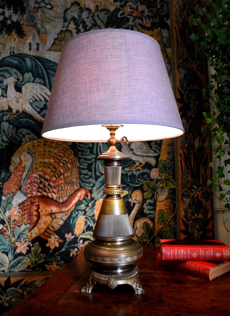 Lampe En Bronze Et Laiton d'époque Napoléon III .  XIXe . abat jour neuf. ancienne lampe à gaz.-photo-3