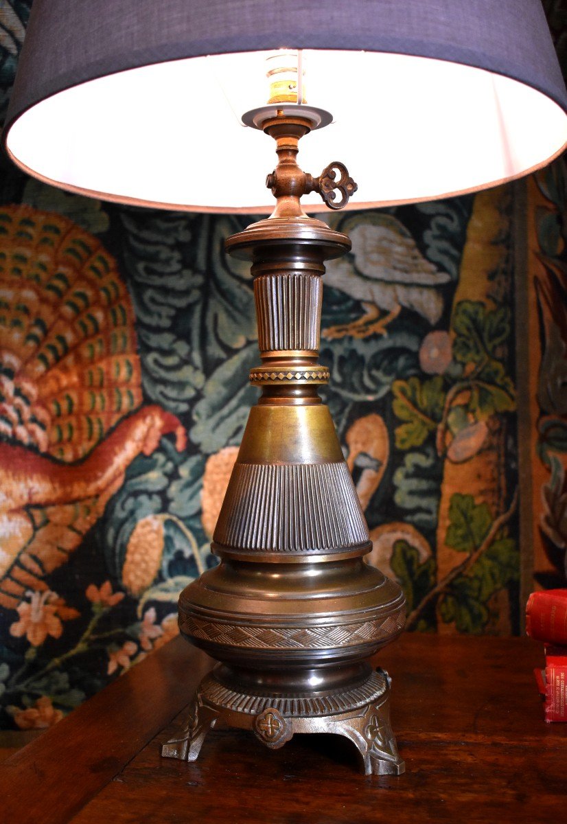 Lampe En Bronze Et Laiton d'époque Napoléon III .  XIXe . abat jour neuf. ancienne lampe à gaz.-photo-4