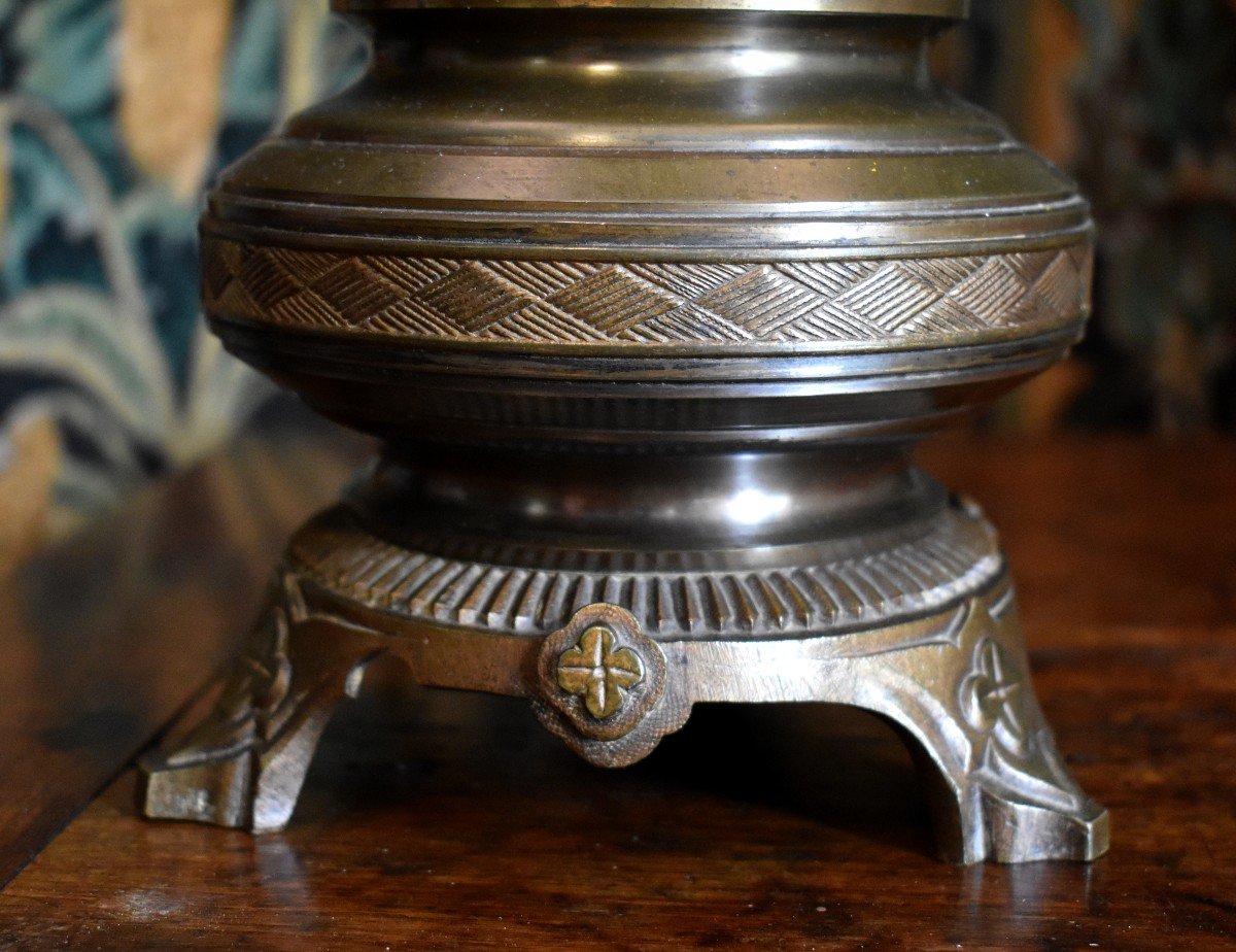 Lampe En Bronze Et Laiton d'époque Napoléon III .  XIXe . abat jour neuf. ancienne lampe à gaz.-photo-3