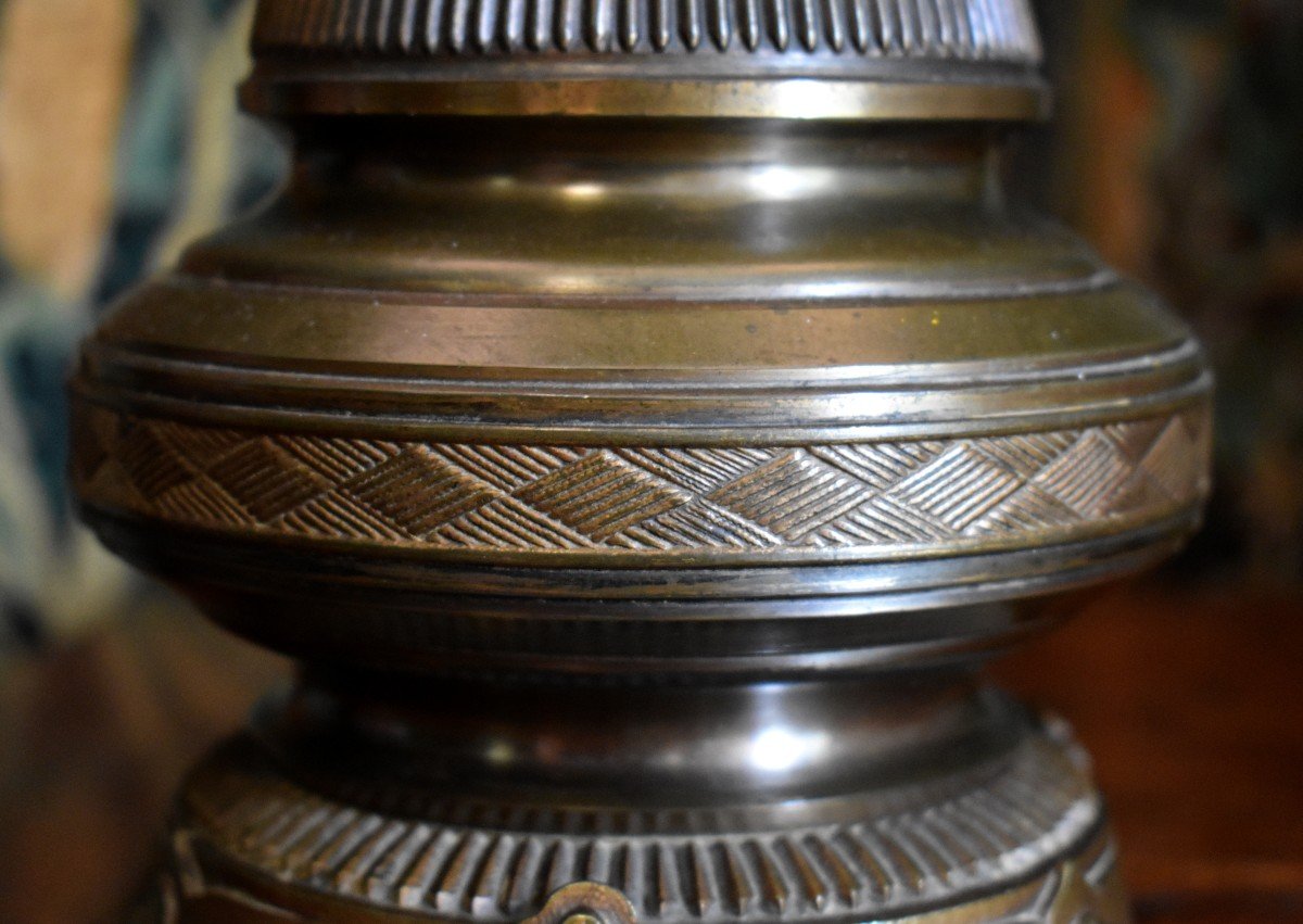 Lampe En Bronze Et Laiton d'époque Napoléon III .  XIXe . abat jour neuf. ancienne lampe à gaz.-photo-4