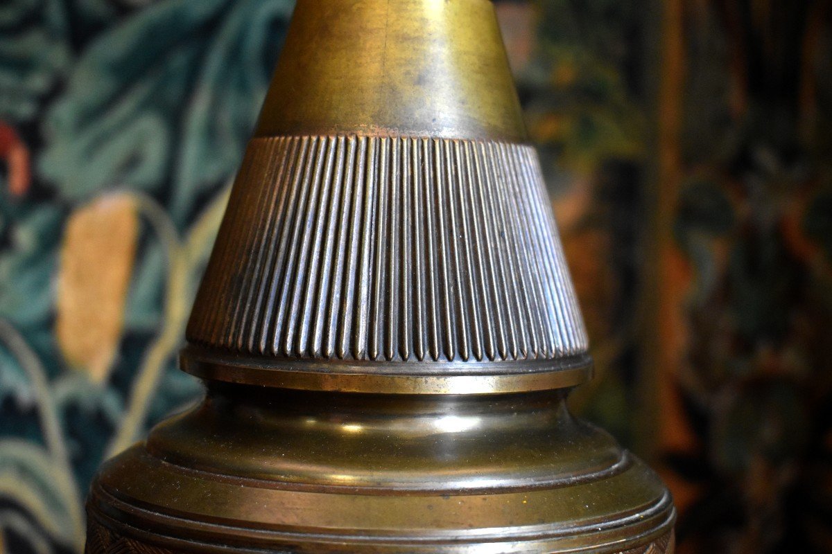 Lampe En Bronze Et Laiton d'époque Napoléon III .  XIXe . abat jour neuf. ancienne lampe à gaz.-photo-5