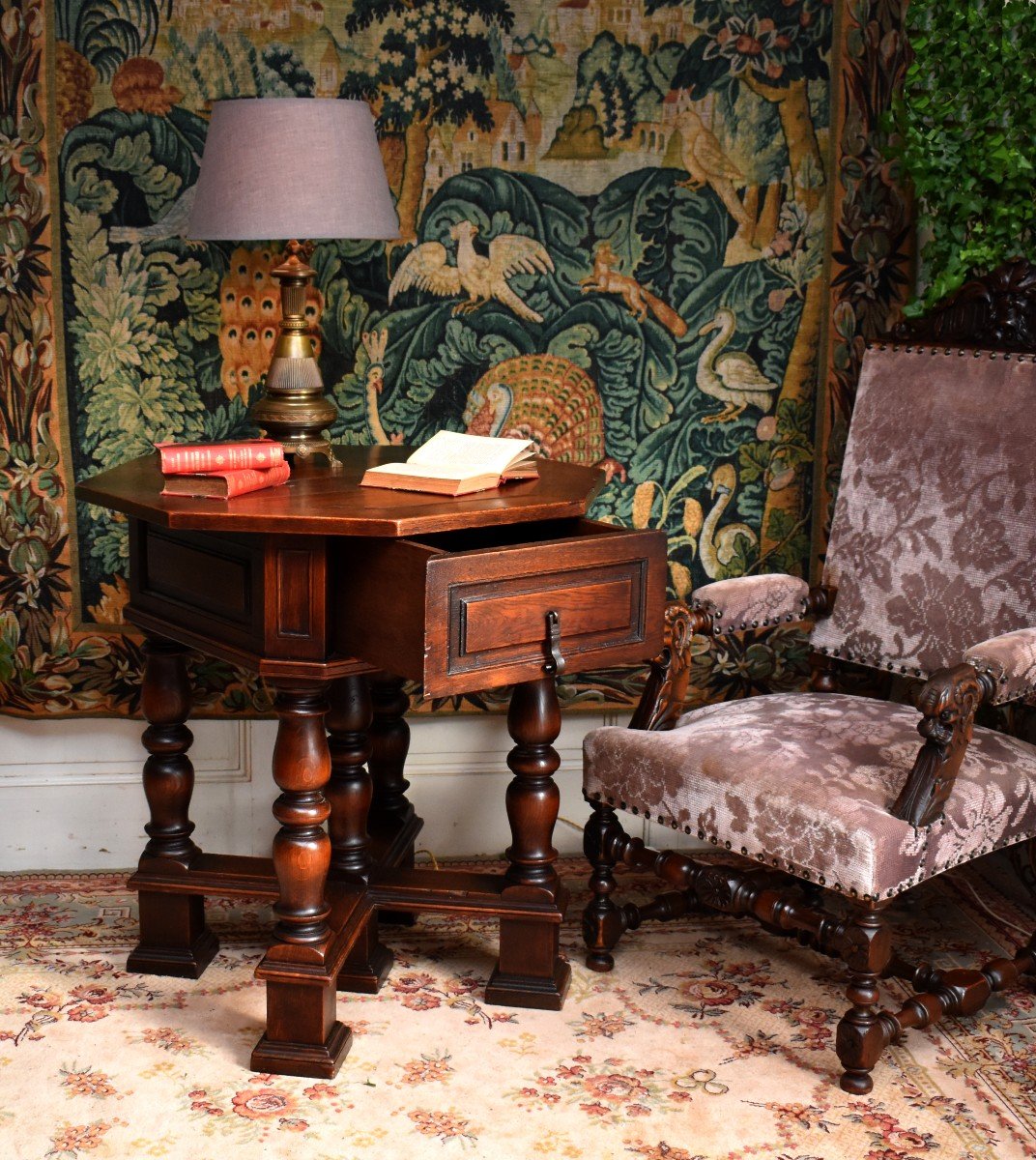 Table De Milieu, Guéridon Octogonale De Style Louis XIII, Pieds Balustre.-photo-4