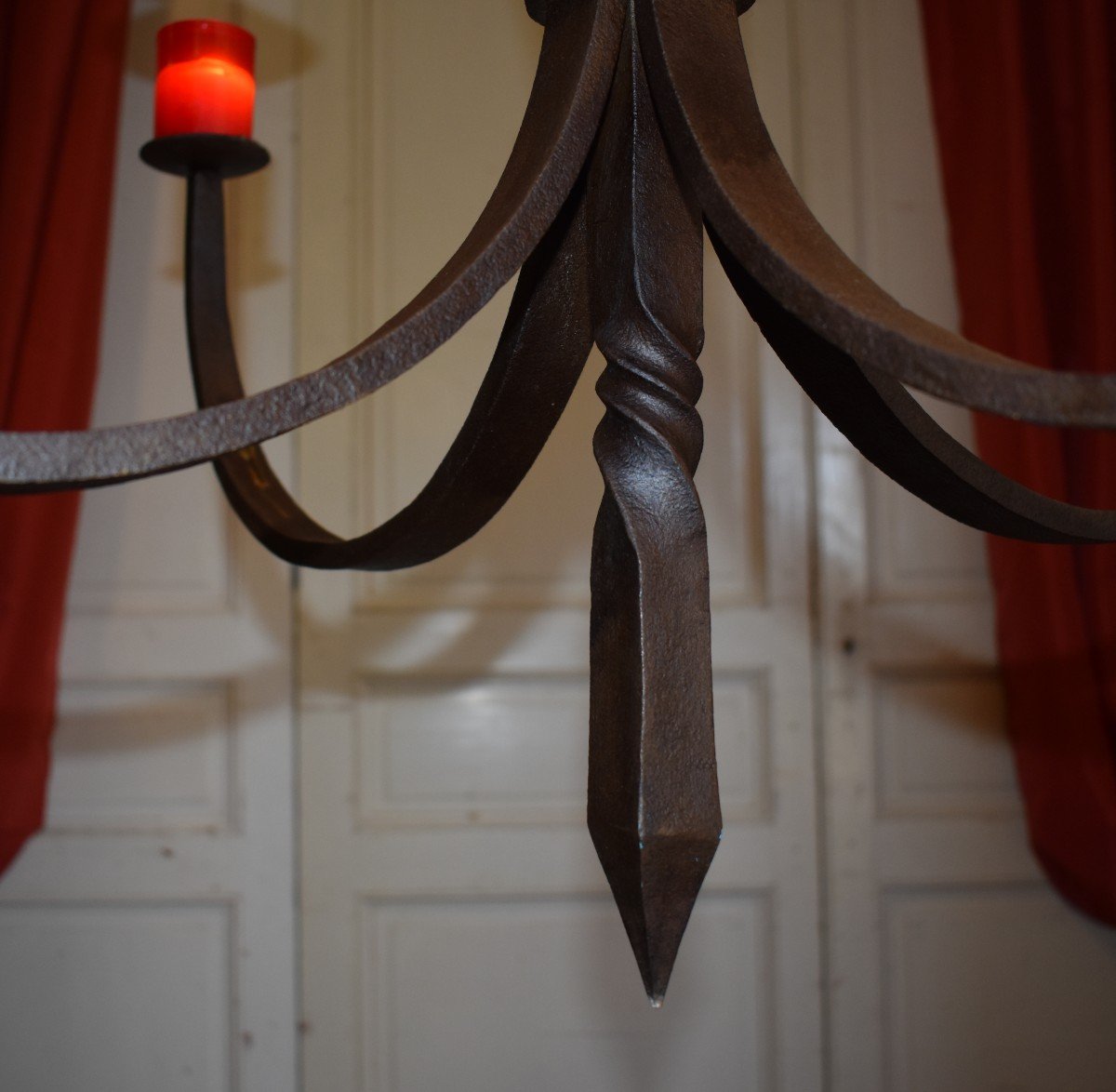 Wrought Iron Chandelier, Suspension With Four Arms Of Light, Lighting Candles-photo-3