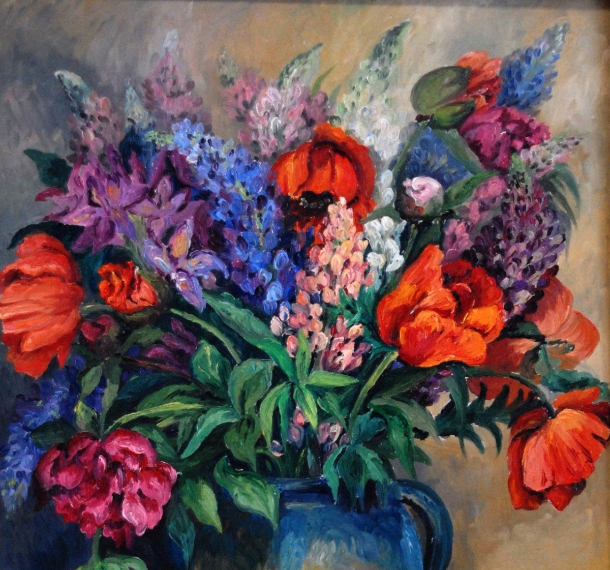 Large Framed Painting, Oil Painting On Canvas, Bouquet Of Flowers Signed Clavaud.-photo-4