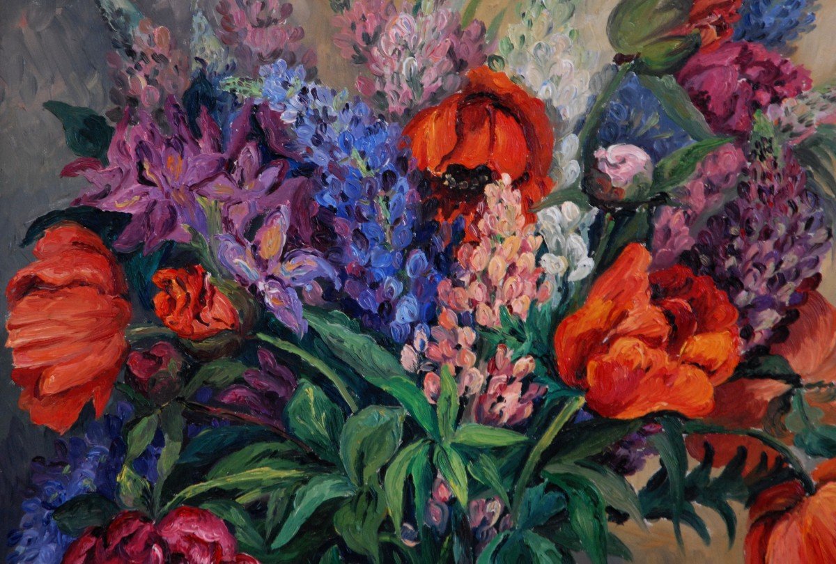 Large Framed Painting, Oil Painting On Canvas, Bouquet Of Flowers Signed Clavaud.-photo-2