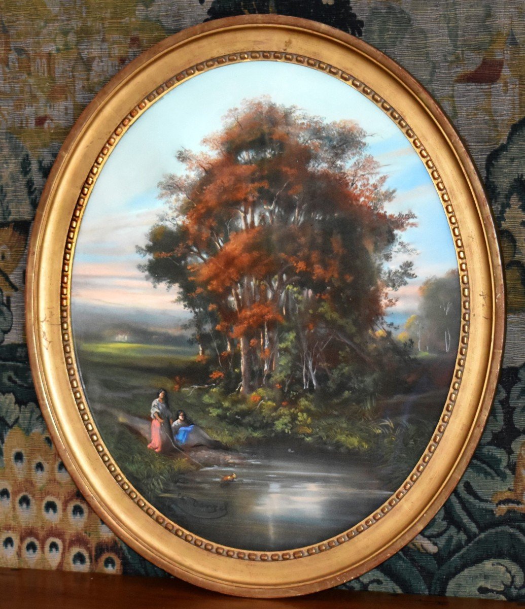 Donzel Charles ( 1824-1889) Pilier Et Administrateur De l'école De Crozant,  ami de Camille Corot, Pastel Paysage animé d'automne aux  personnages et à la mare.    s et mare -photo-3