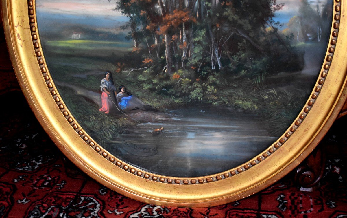 Donzel Charles ( 1824-1889) Pilier Et Administrateur De l'école De Crozant,  ami de Camille Corot, Pastel Paysage animé d'automne aux  personnages et à la mare.    s et mare -photo-4