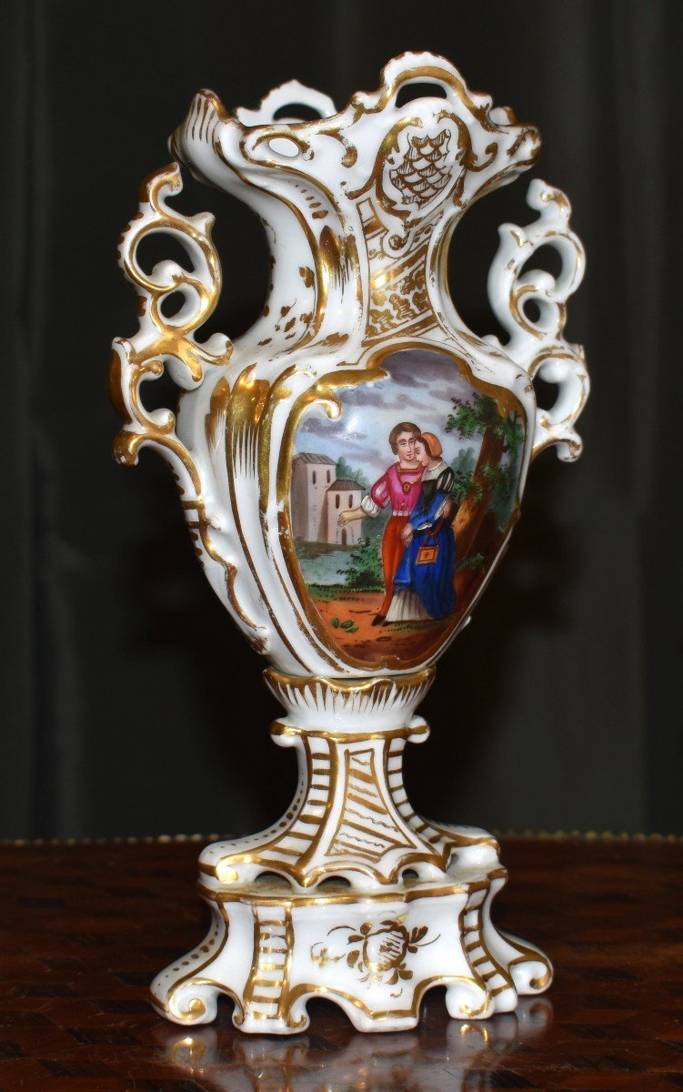 Limoges Porcelain Vase, Floral Decor, Gallant Scene, Characters, Hand Painted.-photo-2