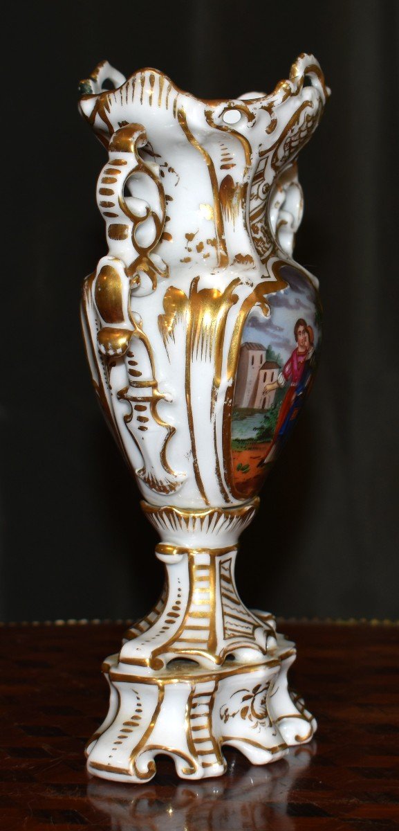 Limoges Porcelain Vase, Floral Decor, Gallant Scene, Characters, Hand Painted.-photo-3