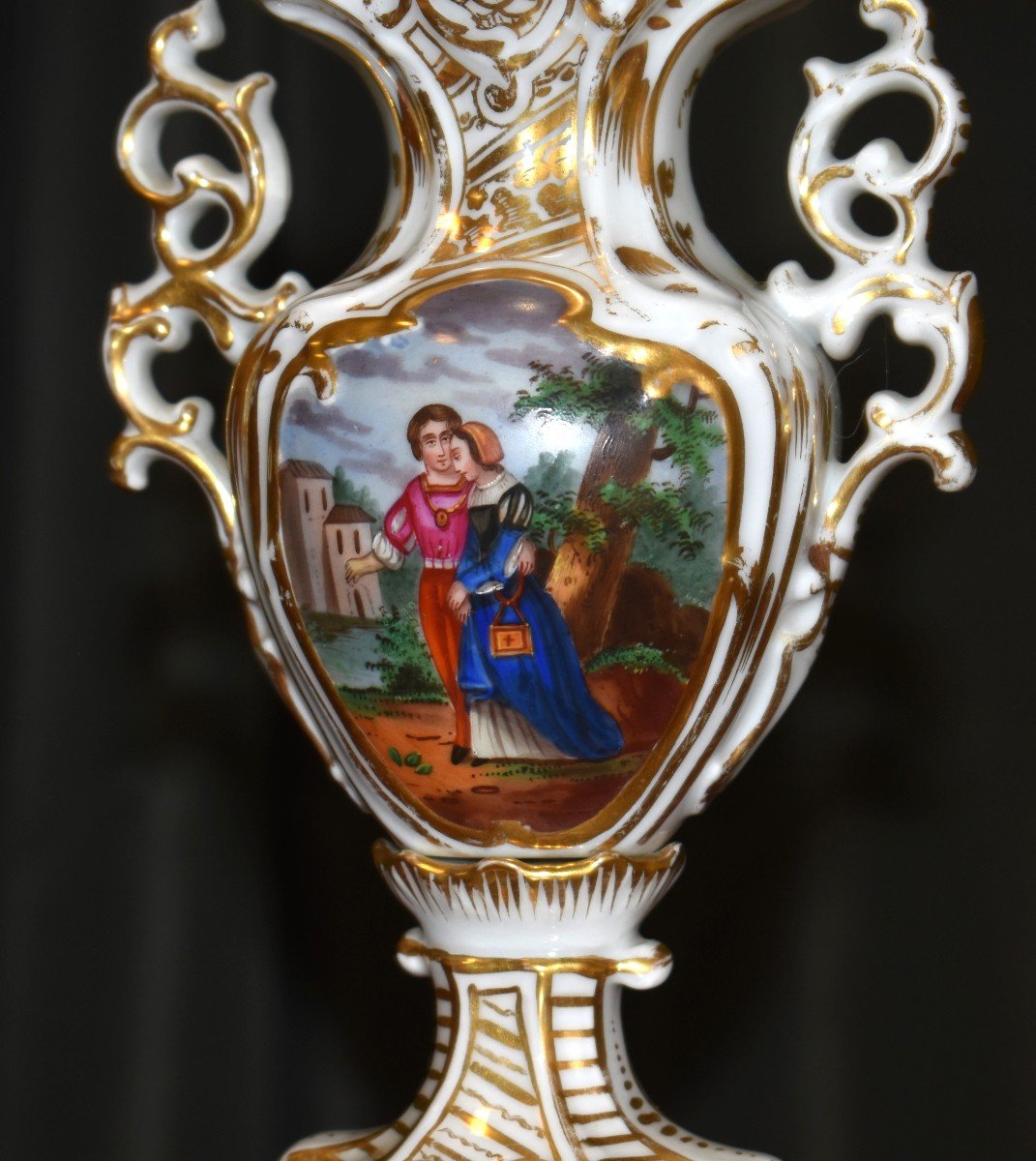 Limoges Porcelain Vase, Floral Decor, Gallant Scene, Characters, Hand Painted.-photo-6