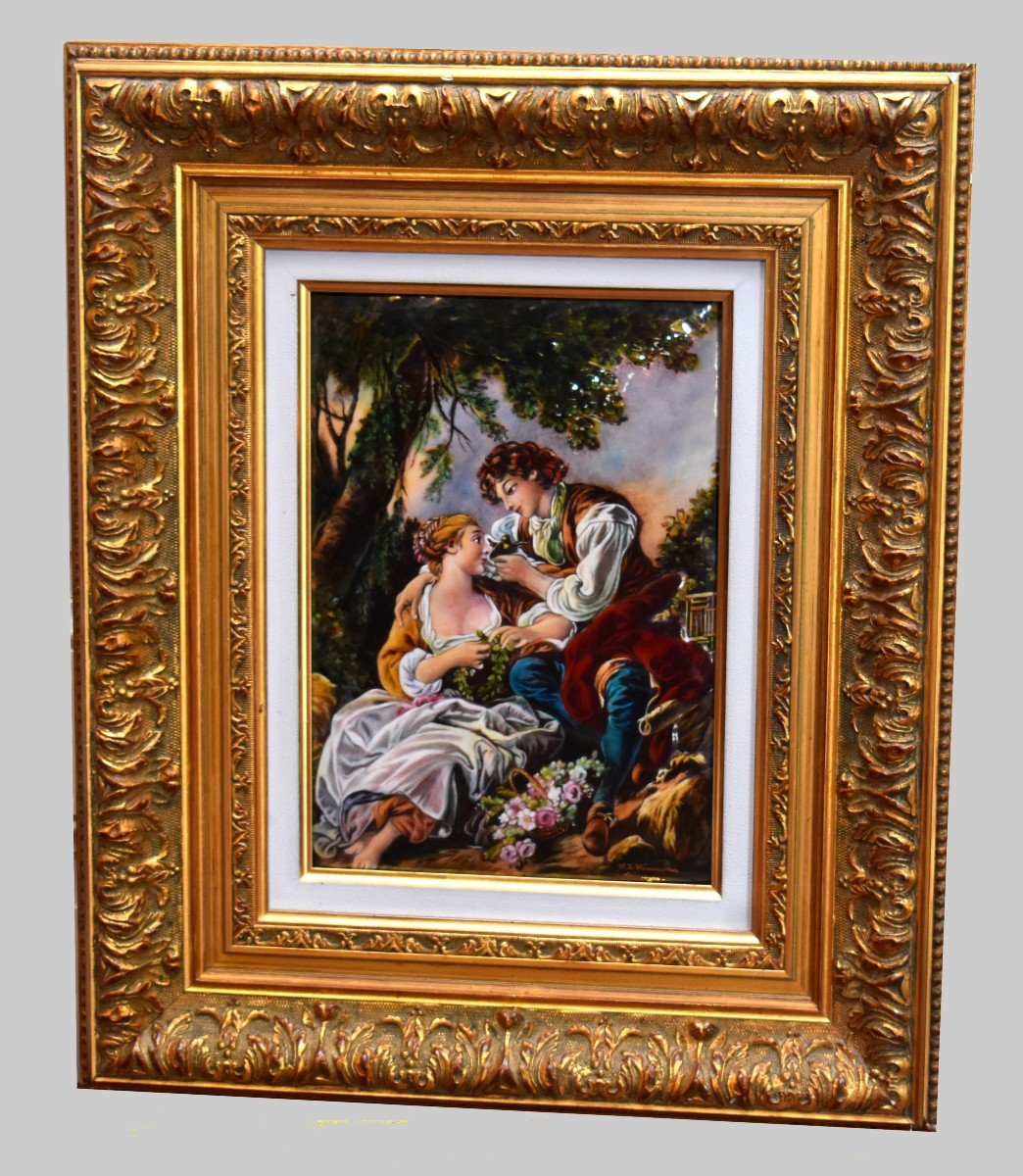 Large Limoges Enamel Signed Fj Carmona, Galante Scene