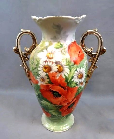 Grand  Vase En Porcelaine De Limoges Peint Main, XIXe , Napoléon III , Coquelicots Et Marguerites.-photo-3