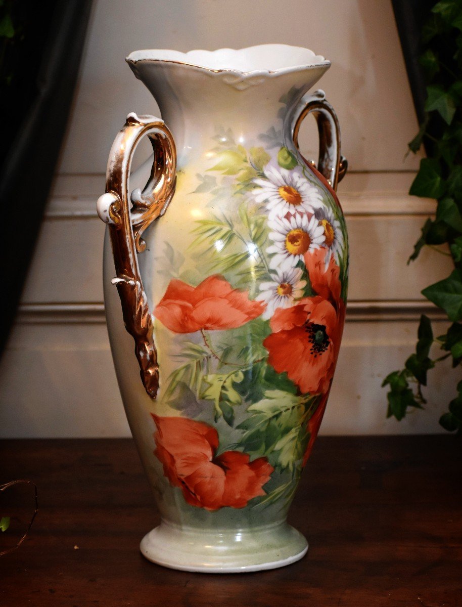 Grand  Vase En Porcelaine De Limoges Peint Main, XIXe , Napoléon III , Coquelicots Et Marguerites.-photo-1