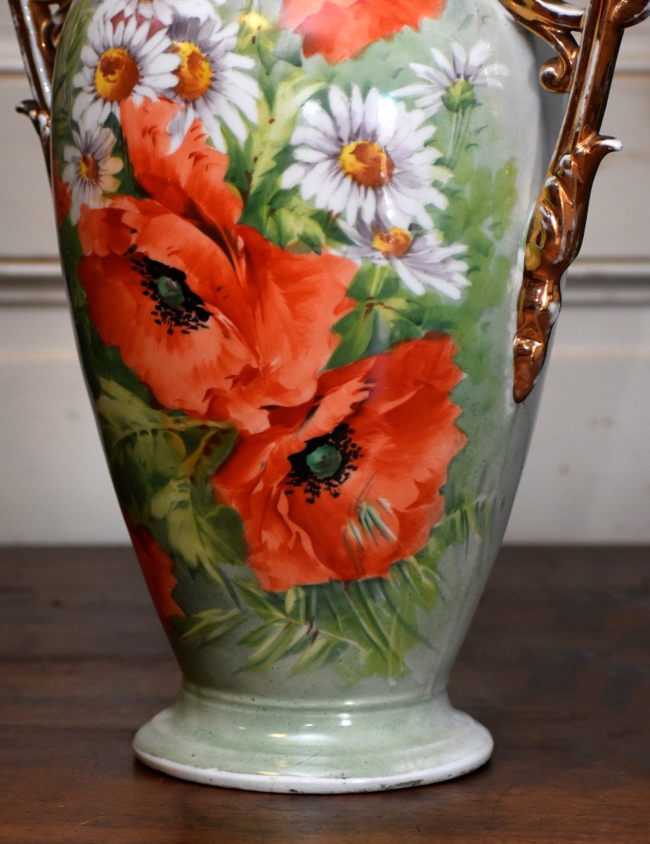 Grand  Vase En Porcelaine De Limoges Peint Main, XIXe , Napoléon III , Coquelicots Et Marguerites.-photo-6