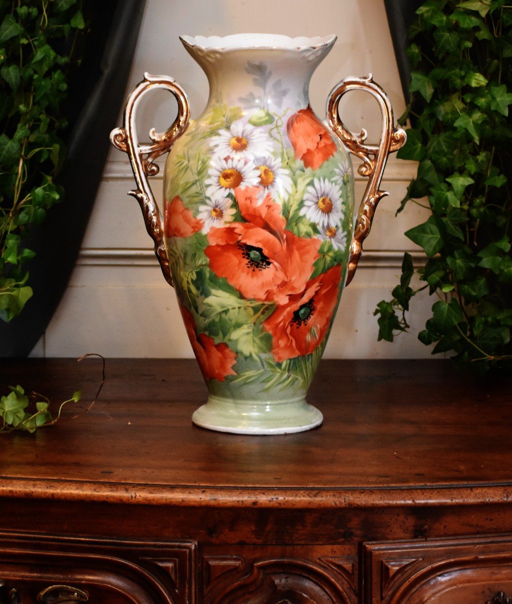 Grand  Vase En Porcelaine De Limoges Peint Main, XIXe , Napoléon III , Coquelicots Et Marguerites.-photo-8