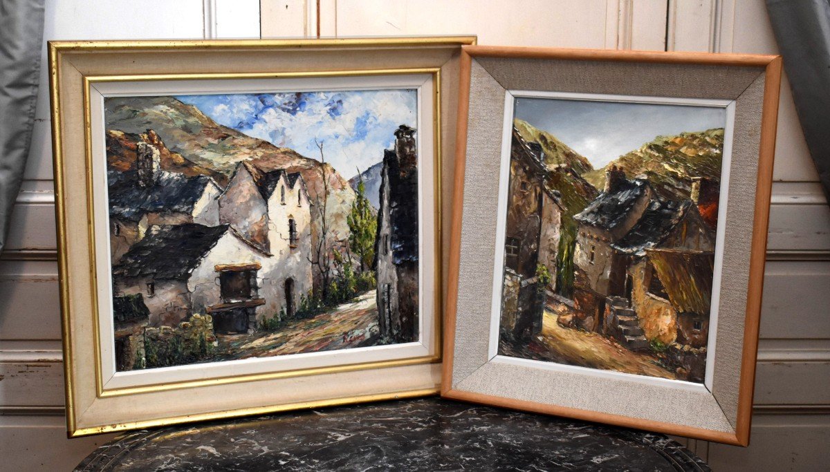 Pair Of Paintings Signed Régis, View Of Village, Montméjean In Aveyron And Saint Geniès-photo-2