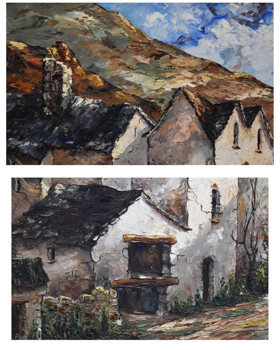 Pair Of Paintings Signed Régis, View Of Village, Montméjean In Aveyron And Saint Geniès-photo-3