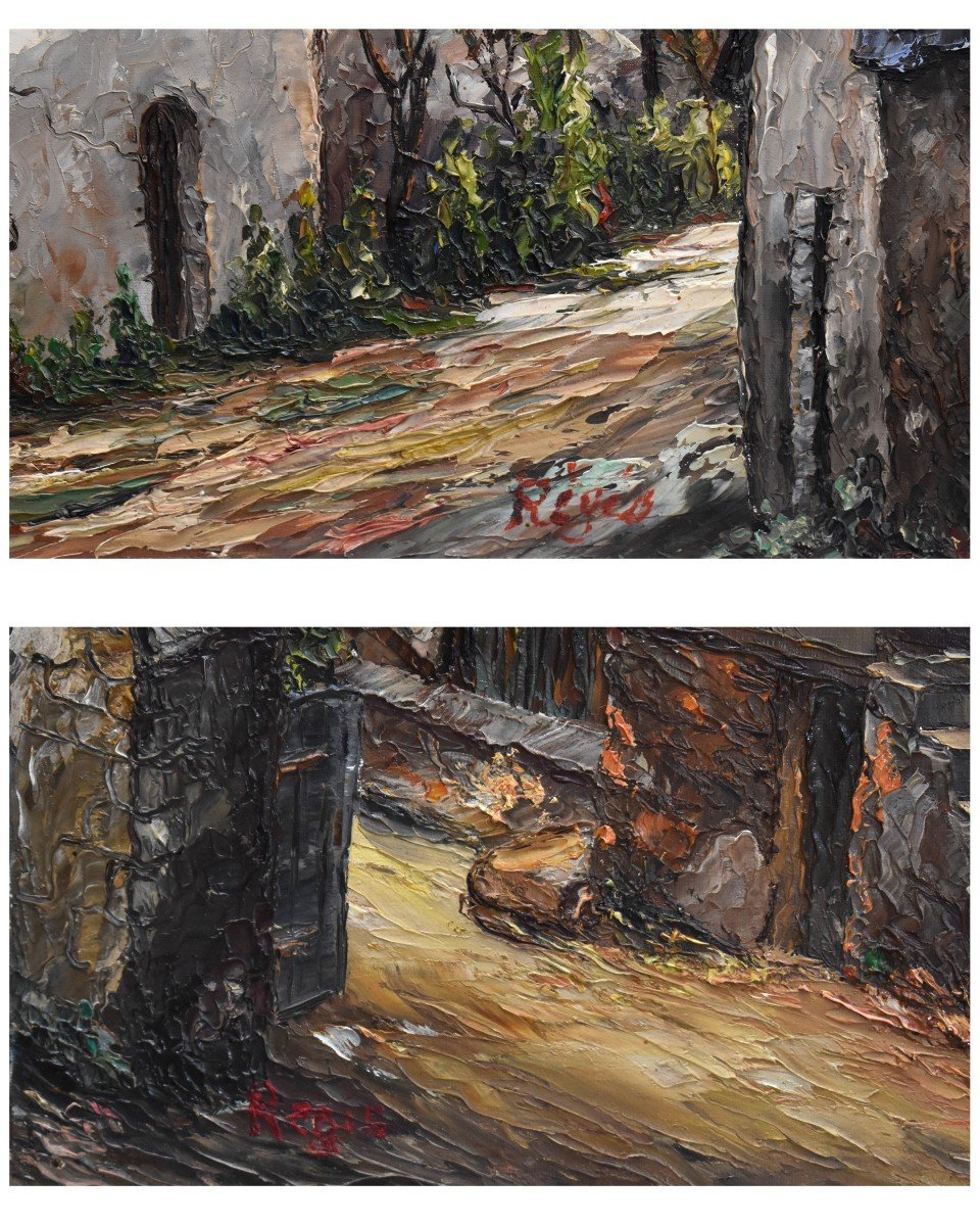 Pair Of Paintings Signed Régis, View Of Village, Montméjean In Aveyron And Saint Geniès-photo-7