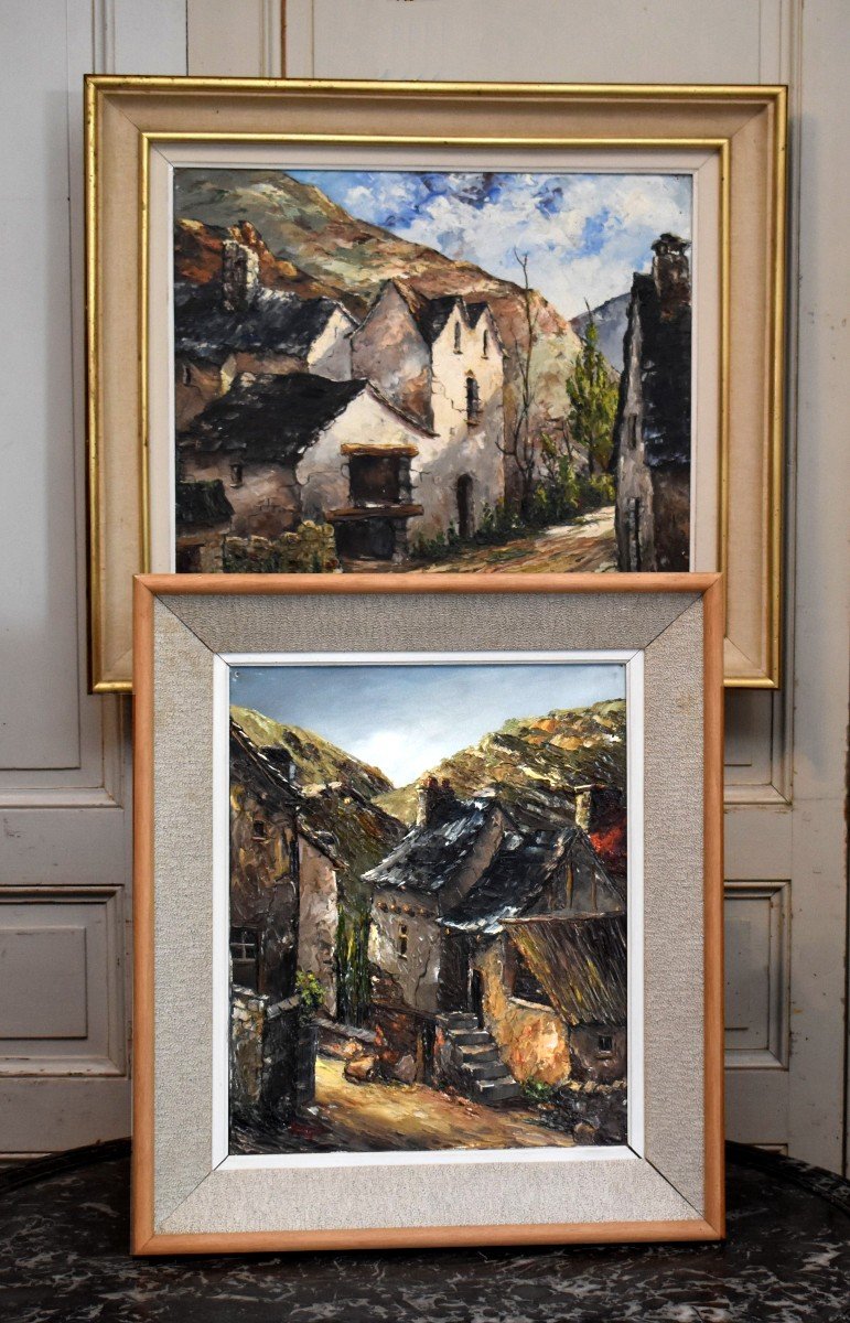 Pair Of Paintings Signed Régis, View Of Village, Montméjean In Aveyron And Saint Geniès