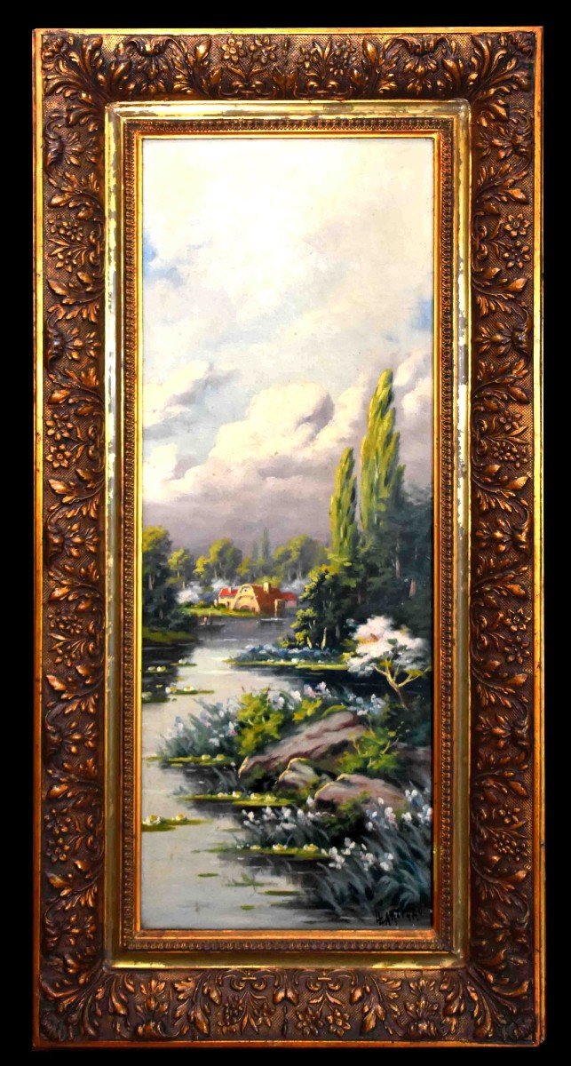 Louis Lartigau ( XIXe - XXe ) . Paysage Printanier, Huile Sur Toile Petite Rivière Et Village, le printemps;-photo-3