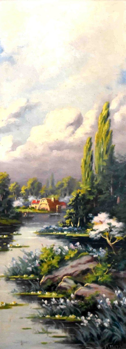 Louis Lartigau ( XIXe - XXe ) . Paysage Printanier, Huile Sur Toile Petite Rivière Et Village, le printemps;-photo-1