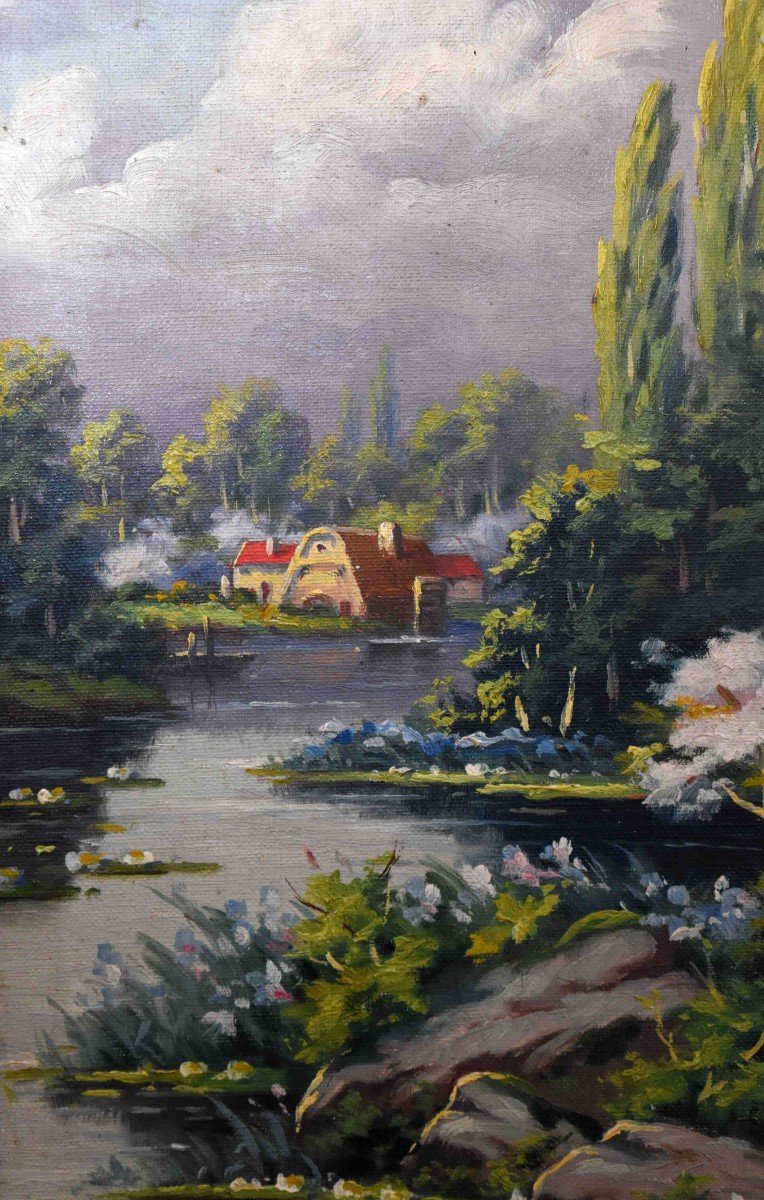Louis Lartigau (19th-20th Century). Spring Landscape, Oil On Canvas Small River And Village-photo-3