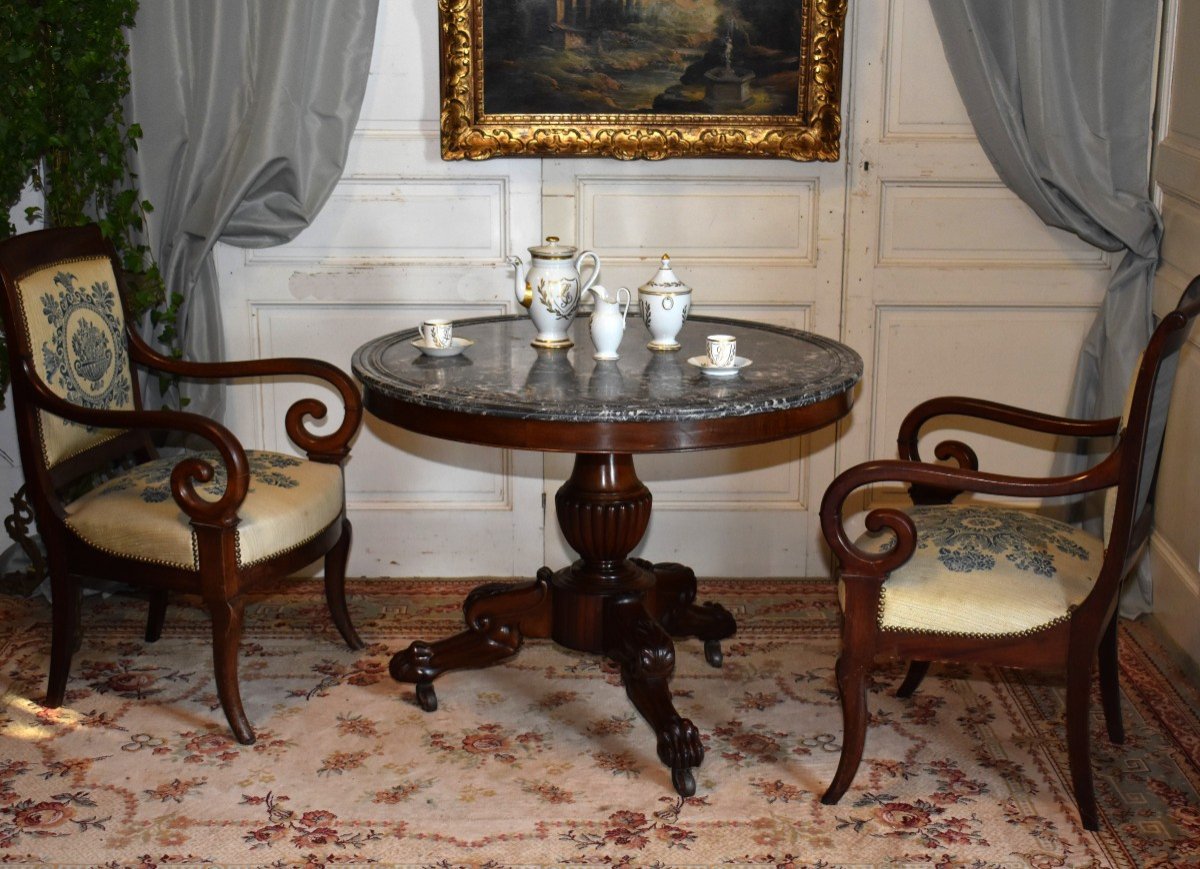 Mahogany Pedestal Table, Louis Philippe, Gray Marble Top, Nineteenth.-photo-2