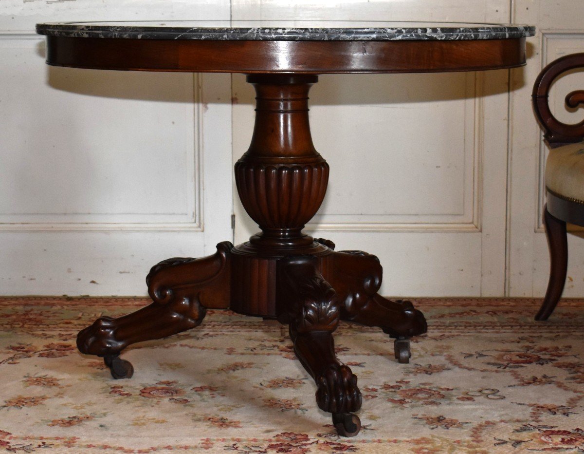 Mahogany Pedestal Table, Louis Philippe, Gray Marble Top, Nineteenth.-photo-2