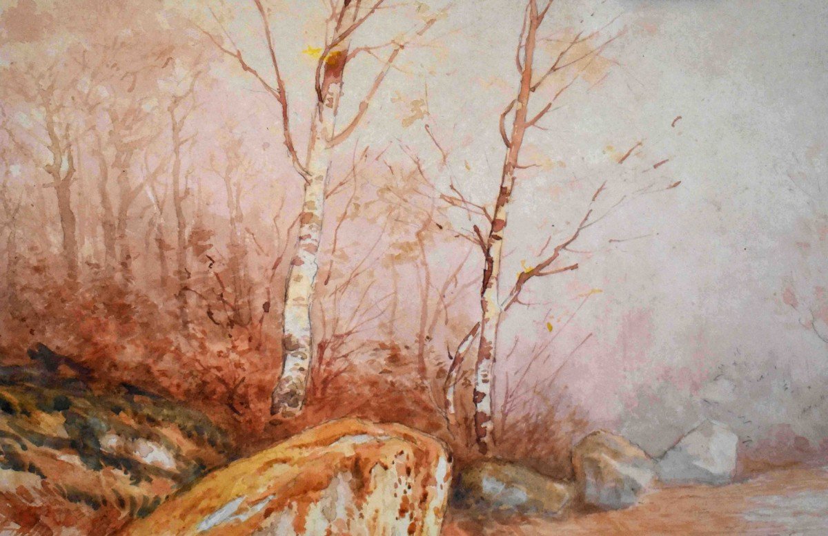 Jean Baptiste Jaffeux ( 1906-1982), école De Murol , Paire d'Aquarelles , paysage d'un  Sous Bois Et  d'une Rivière.-photo-2