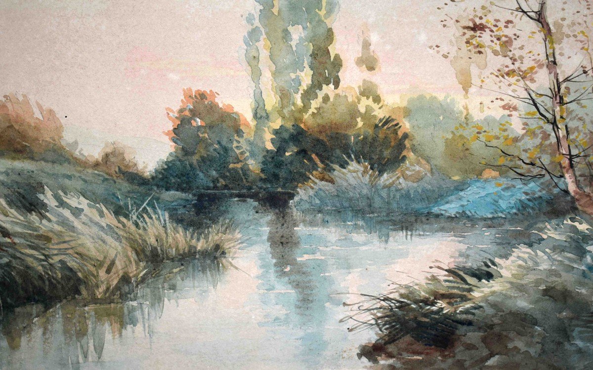 Jean Baptiste Jaffeux (1906-1982), De Riom School; Pair Of Watercolors Under Woods And River.-photo-5