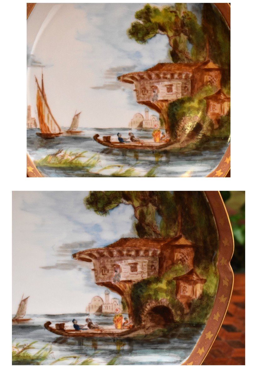 Suite De Quatre Assiettes de collection , Paysage Marin, Plat Décoratif En Porcelaine De Limoges peint main.-photo-4