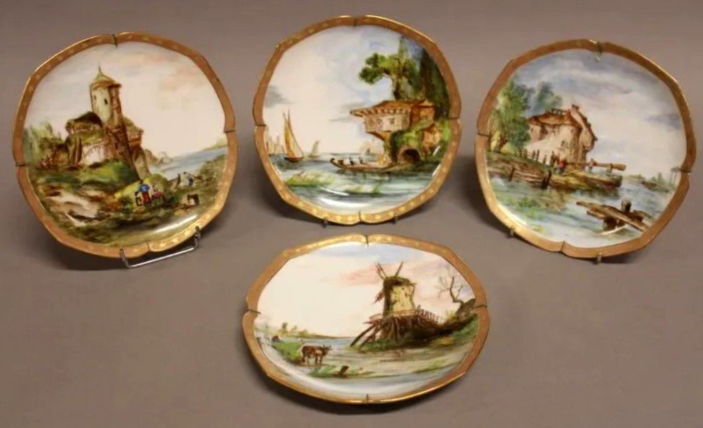 Suite De Quatre Assiettes de collection , Paysage Marin, Plat Décoratif En Porcelaine De Limoges peint main.-photo-8