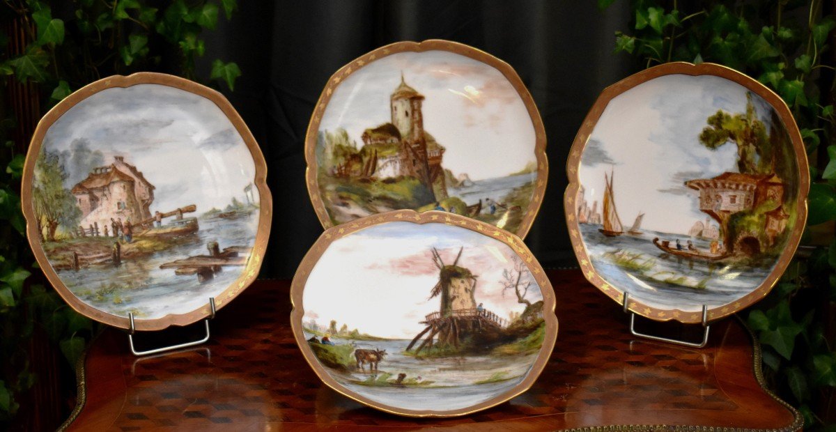 Suite De Quatre Assiettes de collection , Paysage Marin, Plat Décoratif En Porcelaine De Limoges peint main.