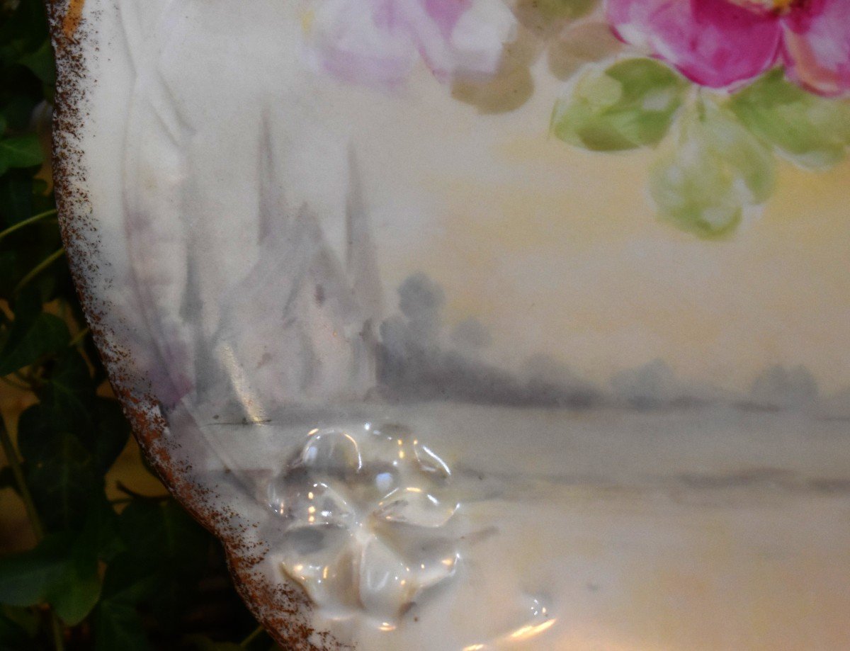 Large Limoges Porcelain Dish, Bernardaud, Landscape And Flower Decor, Hand Painted.-photo-3