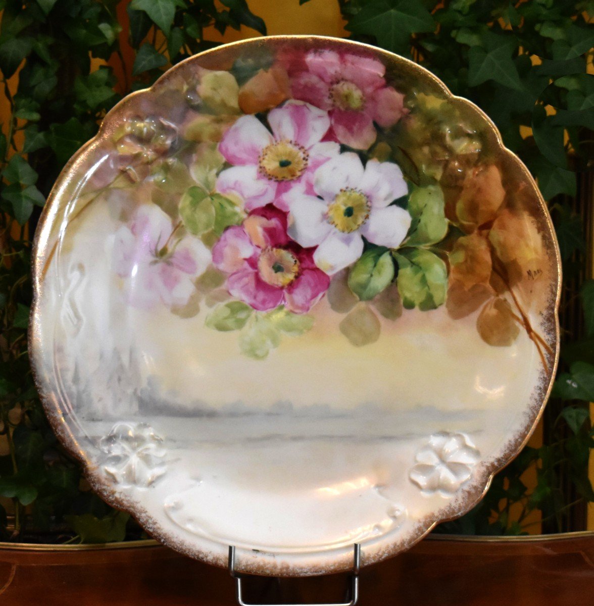 Large Limoges Porcelain Dish, Bernardaud, Landscape And Flower Decor, Hand Painted.