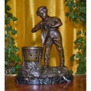 Statue Signed Grégoire, Spelter Sculpture Of A Young Boy With Brazier And Bellows