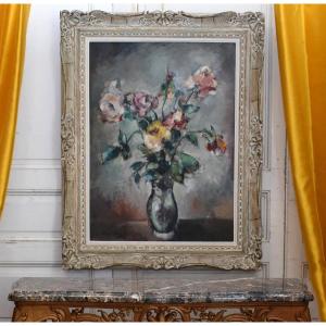 Pierre Papillaud, Limousin Painter, Bouquet Of Roses On Entablature In Montparnasse Frame.