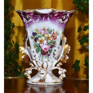 Limoges Porcelain Bridal Vase, Hand Painted Floral Decor, Cornet Shape, Nineteenth