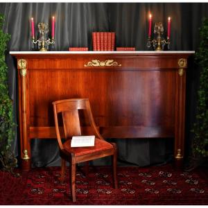 Empire Style Headboard With Half Columns And Bronze Ornaments, And Marble Shelf.