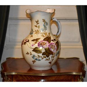 Cfh/gdm Late 19th Century, Large Pitcher In Limoges Porcelain, Ewer Hand Painted Decor, Lily