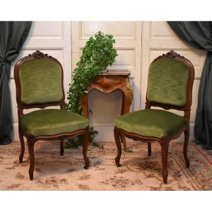 Pair Of Louis XV Style Chairs In Walnut, XIXth Century. Green Velvet Fabric.