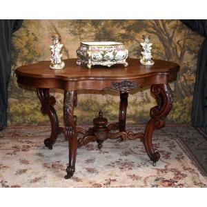 Violin Shaped And Curved Middle Table, Mahogany Pedestal Table, Napoleon III Period, XIXth