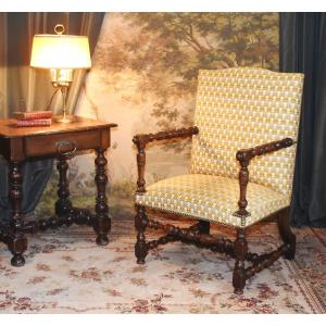 Rare Louis XIII Armchair In Solid Walnut, Redone Upholstery, Curved Back Leg.