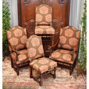 Louis XIII Style Living Room, Pair Of Armchairs And Pair Of XIXth Century Walnut Chairs.