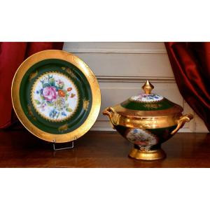 Rare Tureen And Its Presentation Dish In Limoges Porcelain, Double Gold Inlay