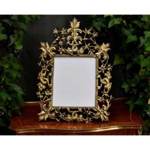 Bronze Easel Frame With Carved And Openwork Pediment, Renaissance Style, To Stand Or Hang.