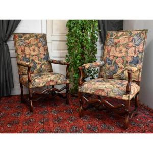 Pair Of Louis XIII - Louis XIV Style Armchairs In Walnut, Sheep Bone, Nineteenth Period.